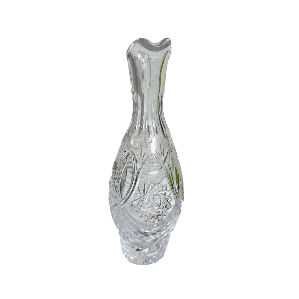 Vintage Cut Crystal Cruet Pitcher, 9.5 Inch Tall, Star & Diamond Geo Patterns